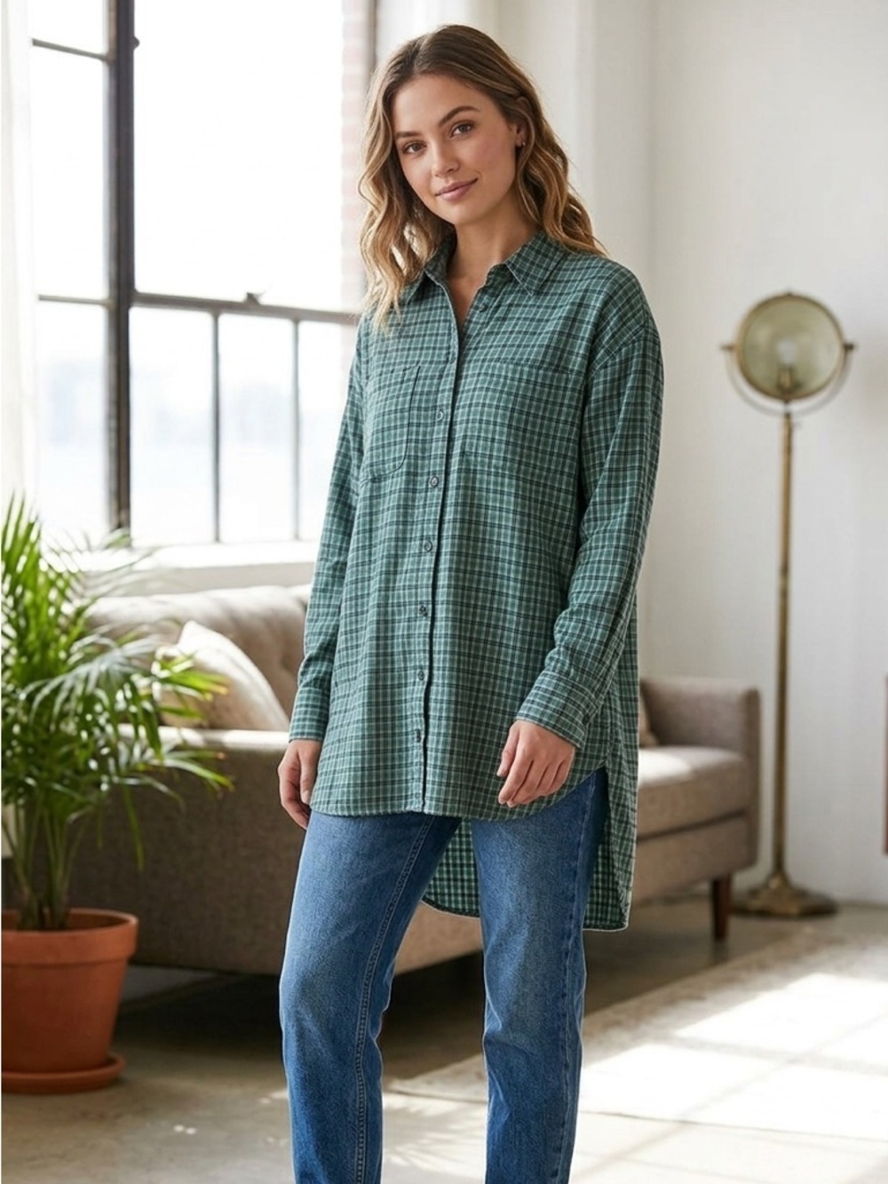 BDG | Green/Navy Checkered Button Down Hi-Low Tunic Shirt with Pockets | Sz S